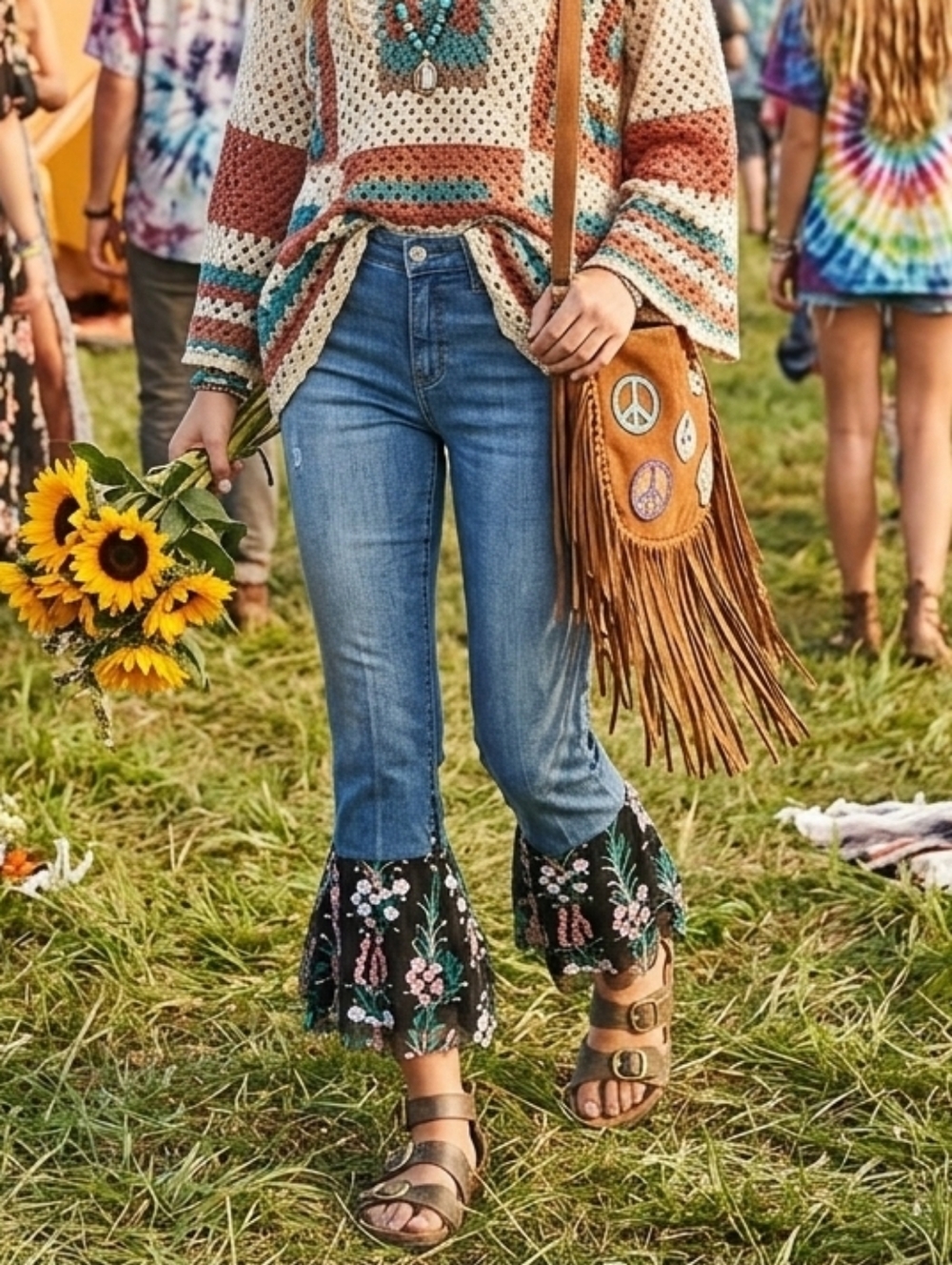Pilcro and the Letterpress 29 70s Woodstock Boho Hippie Cropped Mesh Flare Jeans